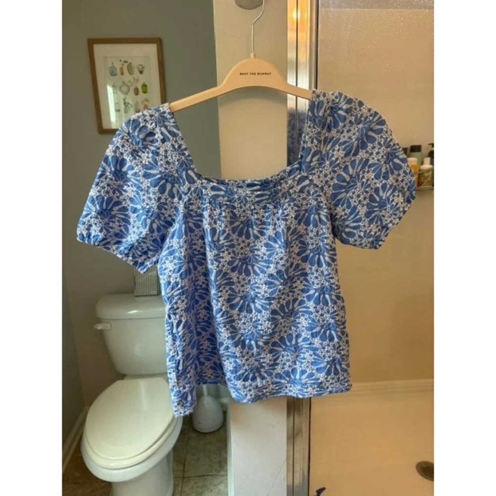 LOFT Women's Small Blue White Eyelet Floral Puff Sleeve Cotton Top